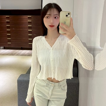 水波紋排釦針織外套【56071】Sandy33實拍春夏新款韓系INS休閒百搭氣質V領長袖坑條外套 針織衫薄外套
