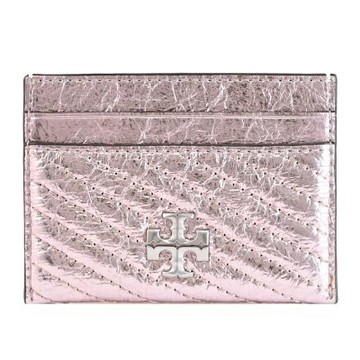 TORY BURCH 金屬LOGO揉製絎縫皮革信用卡名片夾(玫瑰金)