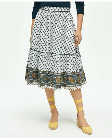 Brooks Brothers Women's Floral Paisley A-Line Tiered Skirt In Cotton | White | Size 6