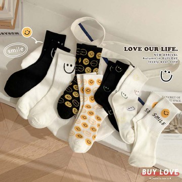 【買到戀愛】隔日到貨 韓版超Q滿版笑臉中筒襪 襪子 男女襪 棉襪 休閒襪 運動襪【W350】