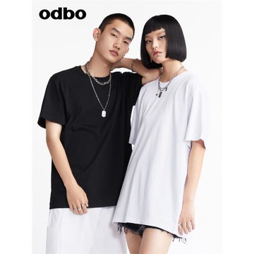odbo歐寶中性通勤圓領上衣夏季情侶簡約短袖logo印花t恤女