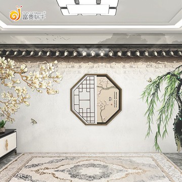 中國風立體屋檐建筑墻紙中式飯店包廂火鍋店茶室裝修古風拍照壁紙