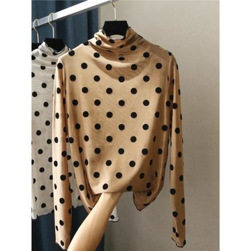植絨波點圓點圖案氣質高領長袖內搭打底蕾絲衫網紗上衣春秋女裝