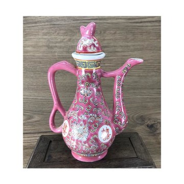 景德鎮陶瓷仿古帶柄雙喜小茶壺酒壺紅色做壽生日新年禮物家用復古