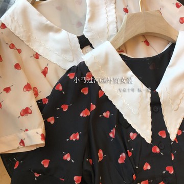 品牌工廠折扣店尾貨 翻領真絲~愛心印花！氣質優雅顯瘦連衣裙女夏