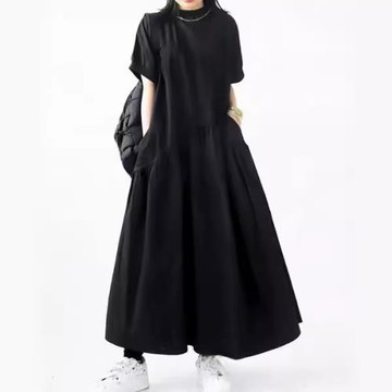 現貨日系2024夏裝短袖新款簡約中腰拼接連衣裙