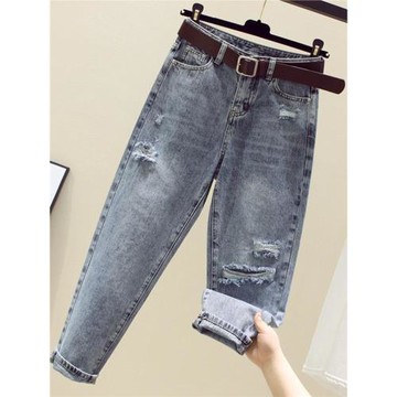 高腰破洞牛仔褲女春夏季薄款寬松顯瘦直筒哈倫褲九分蘿卜老爹褲子