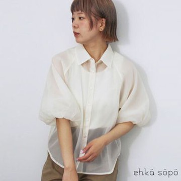【ehka sopo】透明感澎澎袖俐落翻領排釦襯衫