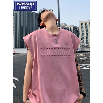 (免運)wassup happy冰絲背心男款夏季字母鋼印寬松無袖t恤男士坎肩汗衫
