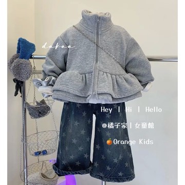 Orange Kids🍊女童套裝 韓版加絨加厚花苞外套 洋氣保暖加絨牛仔褲 兒童冬裝 小朋友衣服 兒童外套長褲 冬天童裝