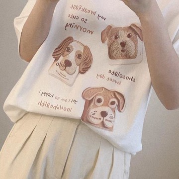 寬松正肩 復古 奶油巧克力面包狗 白色 米色 圓領 短袖T恤 U