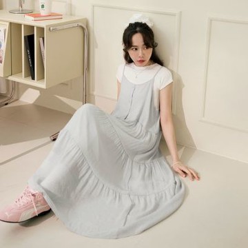 OB嚴選中大尺碼-棉質排釦細肩帶蛋糕裙襬長洋裝《DA10563》