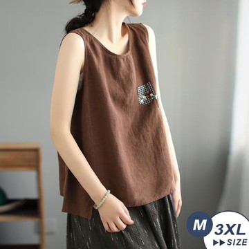 【LANNI 藍尼】★夏季棉麻復古背心上衣(無袖上衣/純色/圓領)