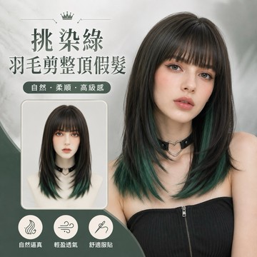 【台灣急速到貨】假髮女整頂 挑染綠色 耳圈染 女生全頭套 現貨 空氣瀏海 自然 仿真 日常 羽毛剪 帥氣狼尾短髮 鯔魚頭