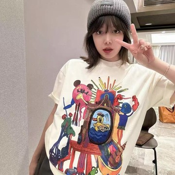 100%純棉短袖印花T卹女情侶夏季美式複古新款卡通塗鴉寬鬆上衣ins