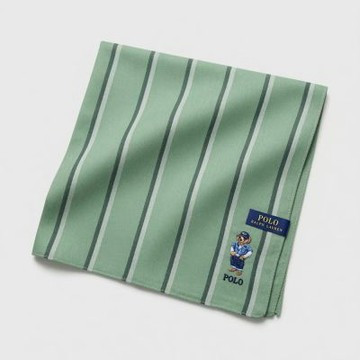 【RALPH LAUREN】POLO BEAR 小熊刺繡經典直條紋純棉手帕領巾(鼠尾草綠色 48×48cm 日本製 附品牌紙袋)