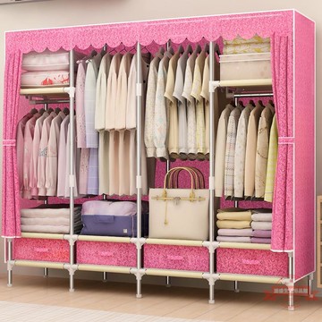 帶抽屜簡易衣櫃 布藝鋼架大號布衣櫃 鋼管加粗加固 雙人學生宿舍收納櫃 組裝簡約現代經濟型 加厚雙人衣櫃