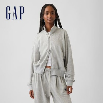 【GAP】VintageSoft毛圈布寬版半高領拉鍊外套-淺麻灰(911045)