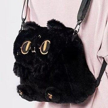 安德森貓刺繡毛絨雙肩包 背包 可愛包包女款 生日禮物女生 黑貓背包 大眼貓貓包包