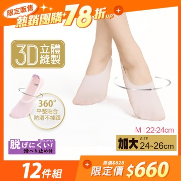 【12雙組-團購】3D立體縫製提耳防滑隱形襪