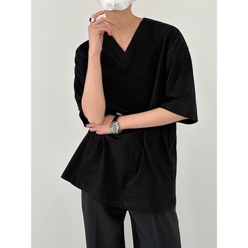 夏季新款韓版時髦輕熟風V領短袖t恤男士寬松版內搭純色半袖打底衫