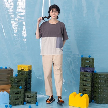 【MOSS CLUB】口袋不對稱剪裁褲管蕾絲裝飾長褲 黑 綠 卡