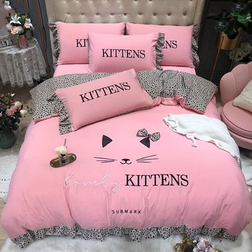 加厚磨毛四件套可愛貓咪刺繡款豹紋被套1.5m1.8m雙人床上用品