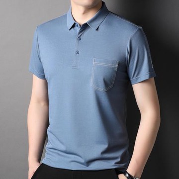 夏季冰絲短袖t恤男桑蠶絲polo衫商務休閑男裝翻領寬松半袖爸爸裝