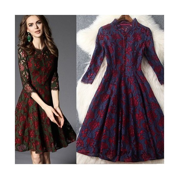 膝丈ミニドレス 大人上品優雅配色花柄総レースワンピース紫緑s L T Gtc4 Ir