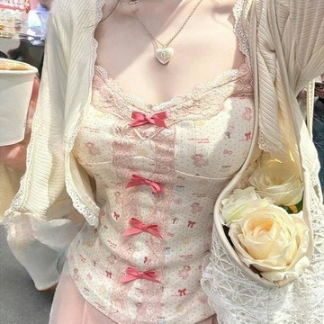 純欲風甜辣碎花吊帶夏季蕾絲打底印花背心修身絕美開衫上衣兩件套011715