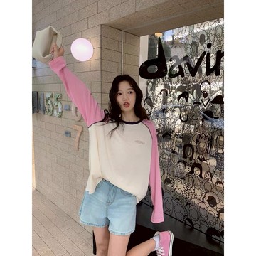 奈看服飾/現貨微甜清爽氣息 纖背插肩袖 舒服雪花棉復古撞色設計感春秋款長袖Tee 棉質長袖 長袖