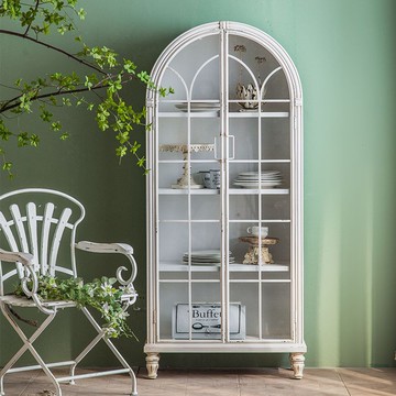 法式拱形書櫃實木復古書架客廳玻璃玻璃門靠墻展示櫃白色落地櫃子197SFY 快速出貨