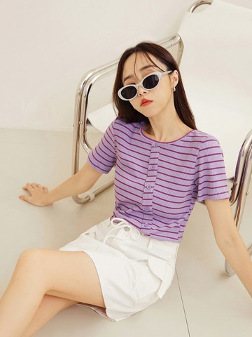 棉質彈力坑條造型斜切合身短袖上衣