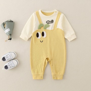 ins韓版嬰兒寶寶春季新款小熊假兩件長袖連體衣新生兒衣服哈衣鑫弘-萌寶童裝可開發票