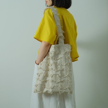 米白帆布創意毛須設計款手提袋布包