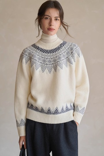 法式極簡 全羊毛粗針費爾島提花針織毛衣