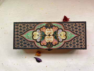 長方形內三格手繪雕花朵木盒/HENNA/曼陀羅/民族風
