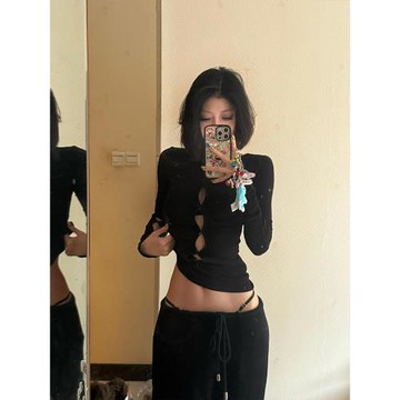美式辣妹黑色鏤空兩穿長袖t恤女秋季緊身修身內搭打底衫性感上衣