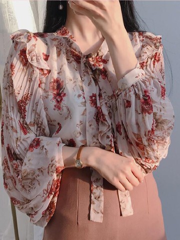 長袖襯衫女春季新款韓版寬松系帶褶皺燈籠袖百搭雪紡衫上衣襯1入