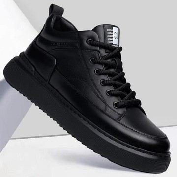 男鞋新款秋季潮流百搭真皮運動板鞋軟厚底防滑男士休閑高幫鞋子潮