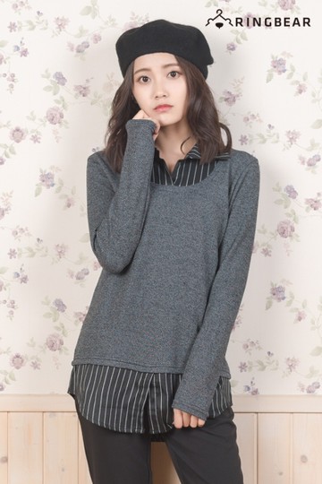 假二件式--知性氣質優雅條紋襯衫領圓弧下襬假兩件針織上衣(黑XL-5L)-I88眼圈熊中大尺碼