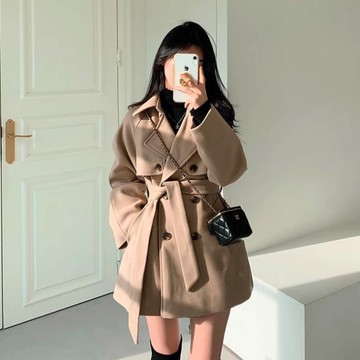 大衣．法式優雅雙排釦翻領綁帶外套．白鳥麗子