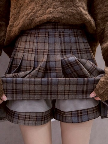毛呢格子百褶裙半身裙女秋冬季2021新款高腰a字短裙格紋妮子半裙