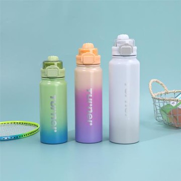 現代簡約304不銹鋼保溫杯漸變色雙飲運動水壺戶外便攜太空壺批發