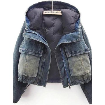 兩面穿棉寬松牛仔外套女秋冬季小個子復古休閑保暖短款連帽面包服