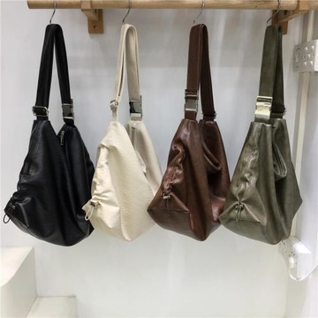 小臟柜 韓國ins風小眾潮牌軟皮褶皺抽繩質感休閑單肩斜挎托特包包