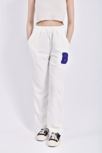 (S) 高腰鬆緊腰白色長褲