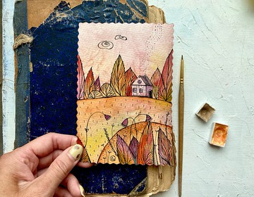 秋季繪畫風景原創藝術微型水彩紅色小藝術品