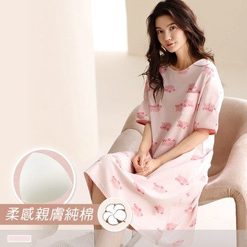 純棉連身睡裙【罩杯式】小豬飛車 印花圓領短袖外穿短袖睡衣 居家服 55112