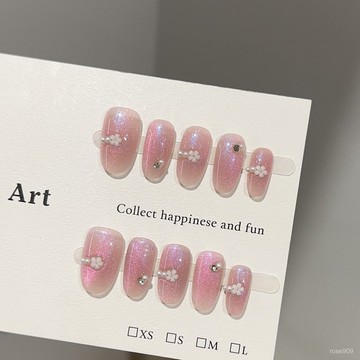 ➕最新設計款穿戴甲💅純手工穿戴甲高級感粉紫色貓眼短款美甲片顯白色小花朵假指甲貼片短橢圓穿戴甲 TP93
